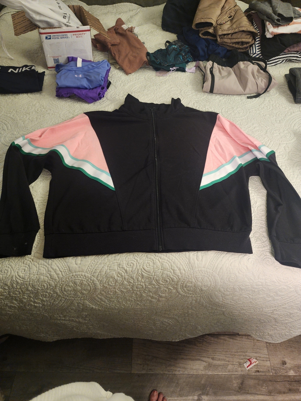 Xersion Black Bomber Jacket with Pink and Green Accents